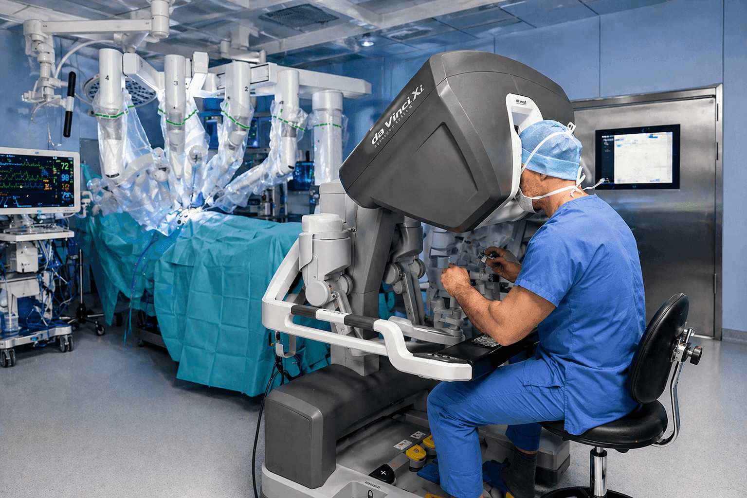 Bloc opératoire : chirurgien à la console du robot da Vinci Xi, chariot patient avec bras instrumenteurs en arrière-plan